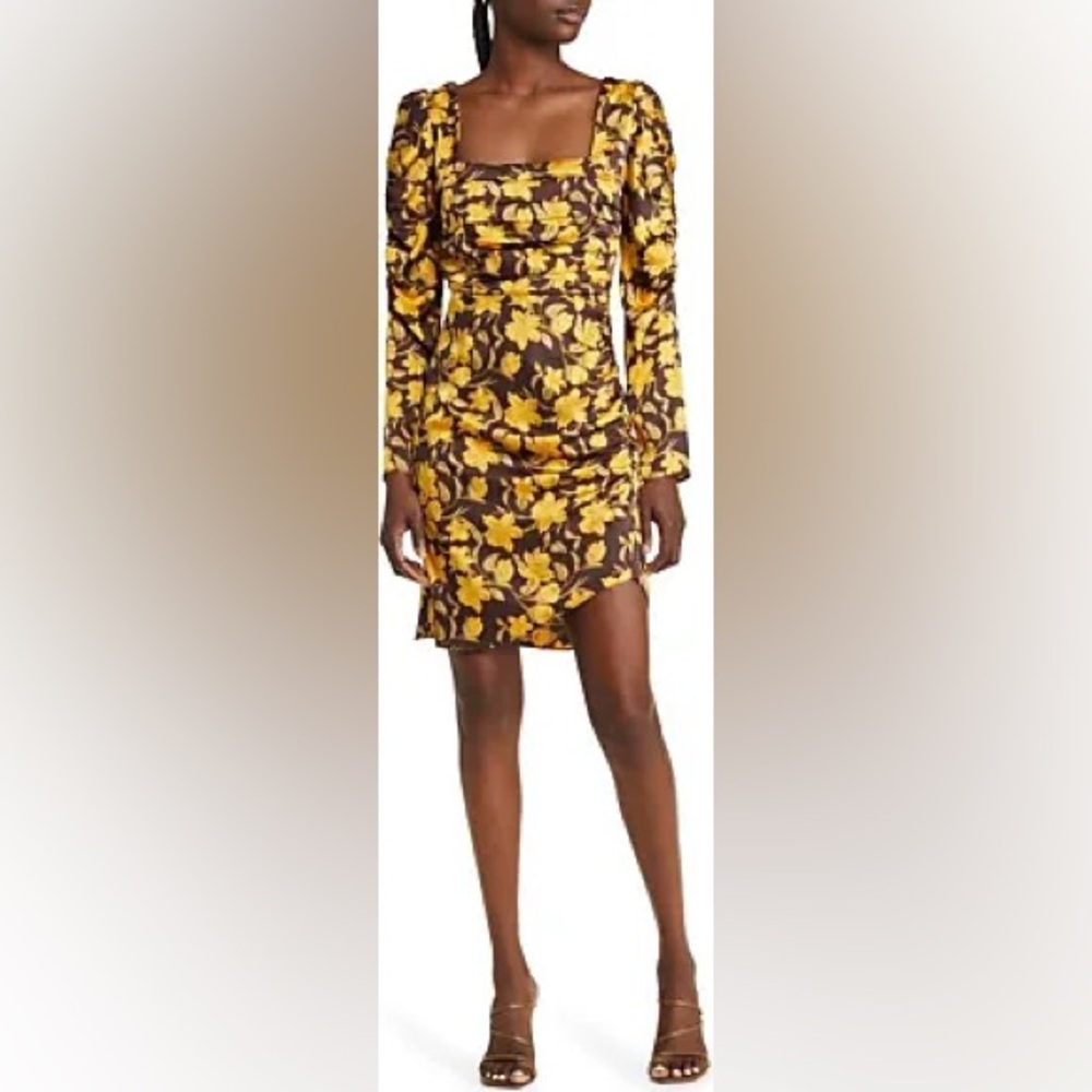 NWT Floret Studios Yellow and Brown Floral Shirred Long Sleeve Satin Minidress